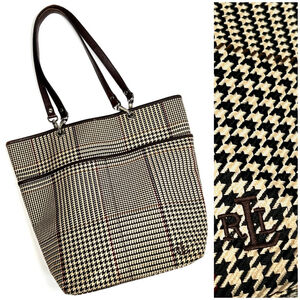 Lauren Ralph Lauren Beige Black Red Houndstooth Tote Bag Vintage